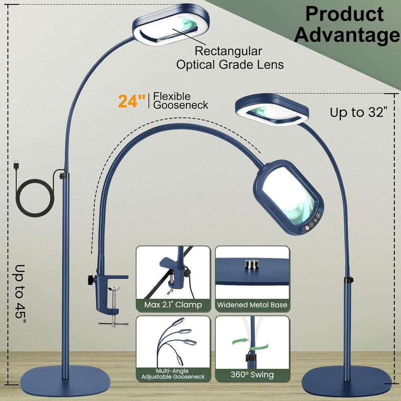 12x Rectangular Magnifying Glass with Light and Stand
