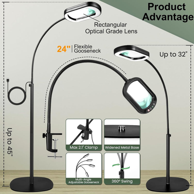 12x Rectangular Magnifying Glass with Light and Stand