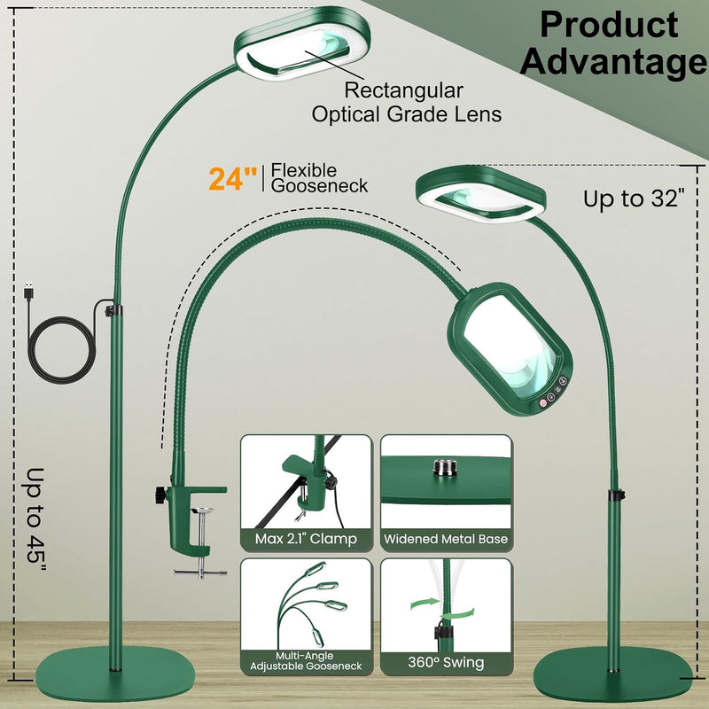 12x Rectangular Magnifying Glass with Light and Stand
