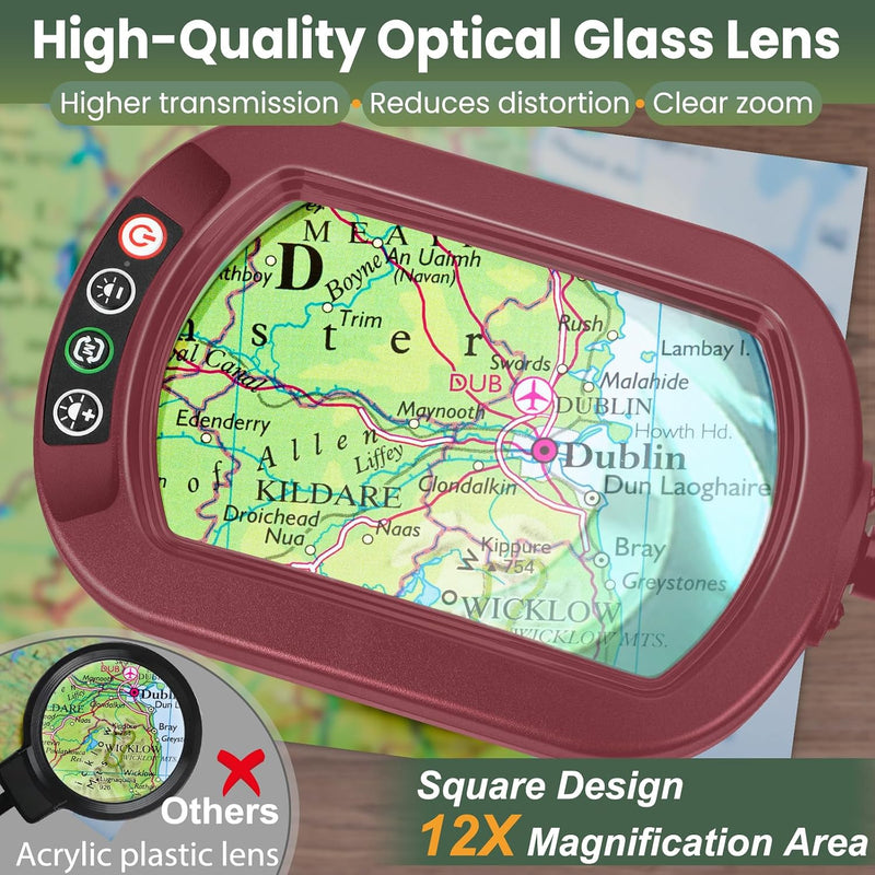 12x Rectangular Magnifying Glass with Light and Stand