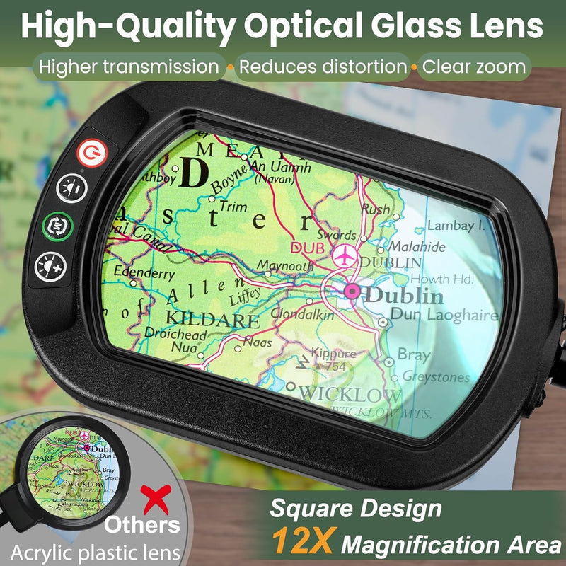 12x Rectangular Magnifying Glass with Light and Stand