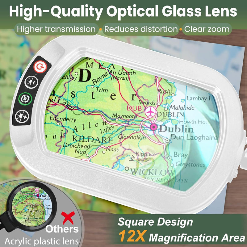 12x Rectangular Magnifying Glass with Light and Stand