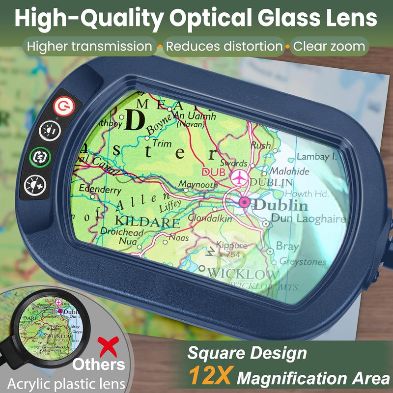 12x Rectangular Magnifying Glass with Light and Stand