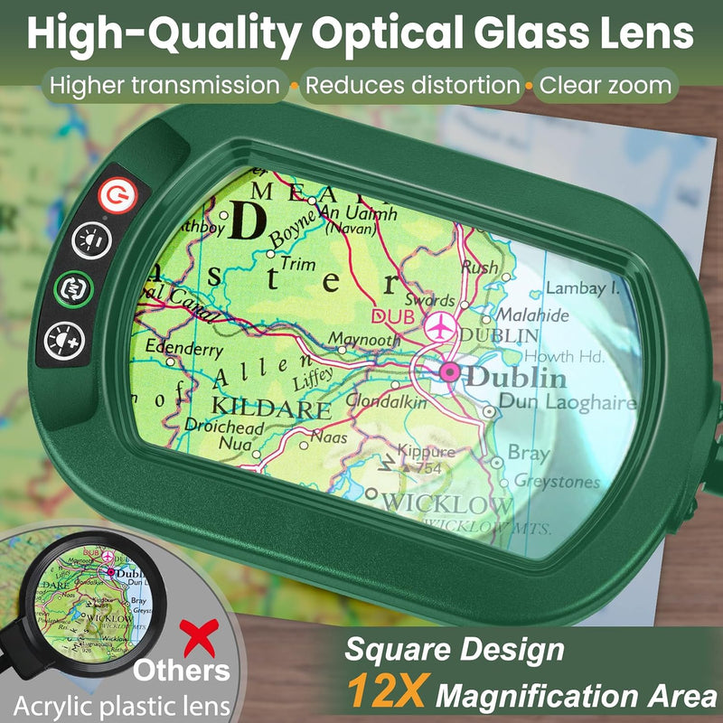 12x Rectangular Magnifying Glass with Light and Stand