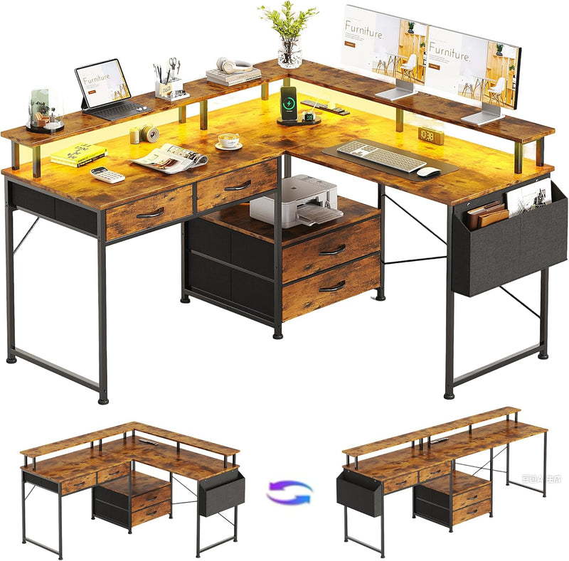 130x120CM L Shaped Desk with LED Lights Power