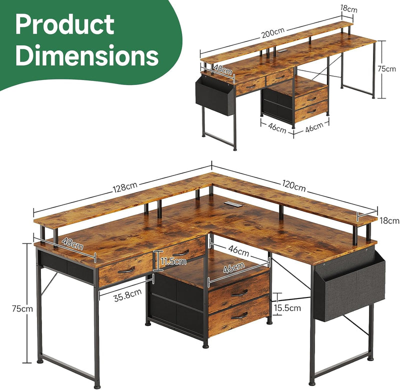 130x120CM L Shaped Desk with Power Outlet LED