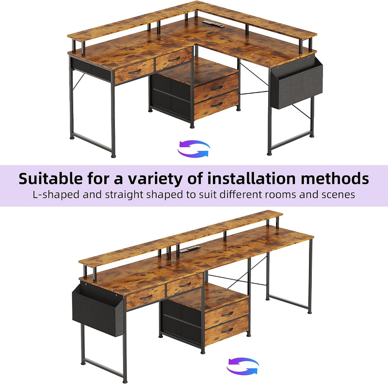 130x120CM L Shaped Desk with Power Outlet LED