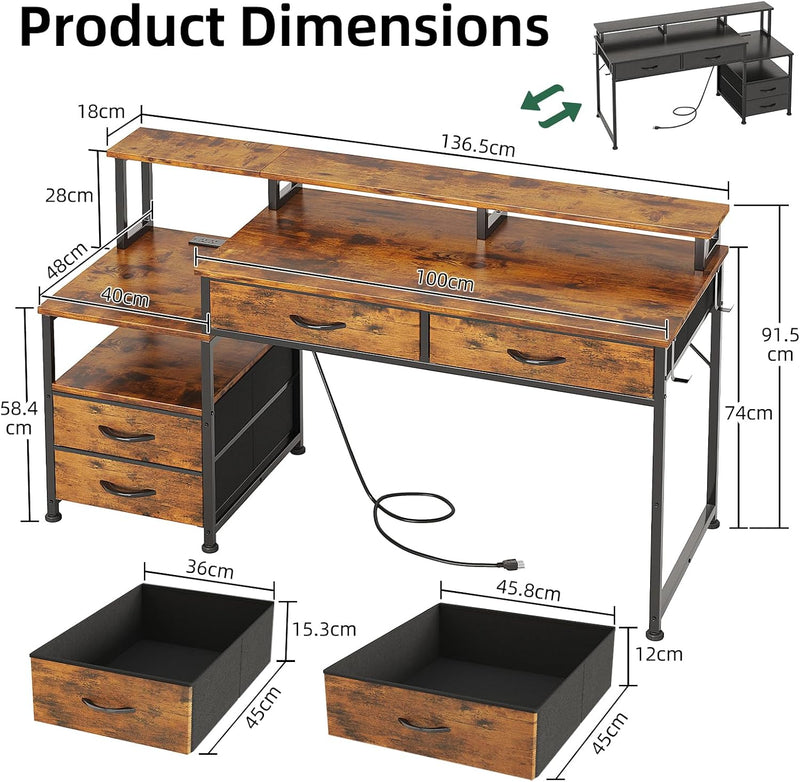 135CM Computer Desk with Power Outlet and Drawers