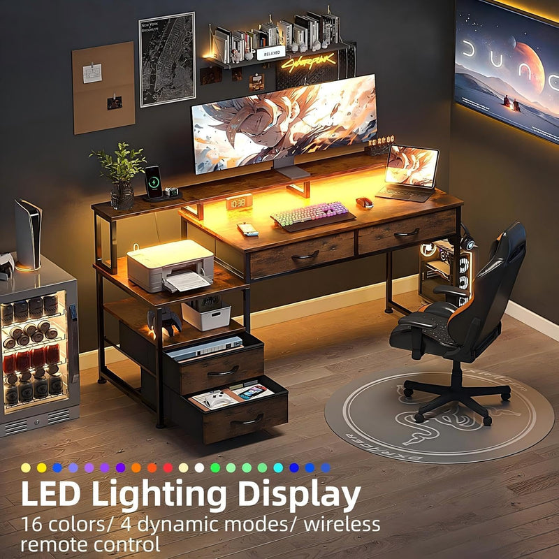 135CM Computer Desk with Power Outlet and Drawers