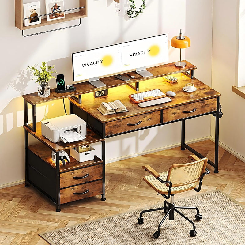 135CM Computer Desk with Power Outlet and Drawers