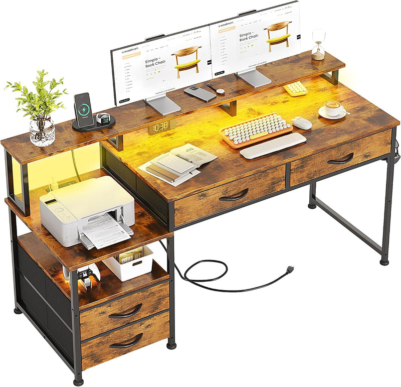 135CM Computer Desk with Power Outlet and Drawers