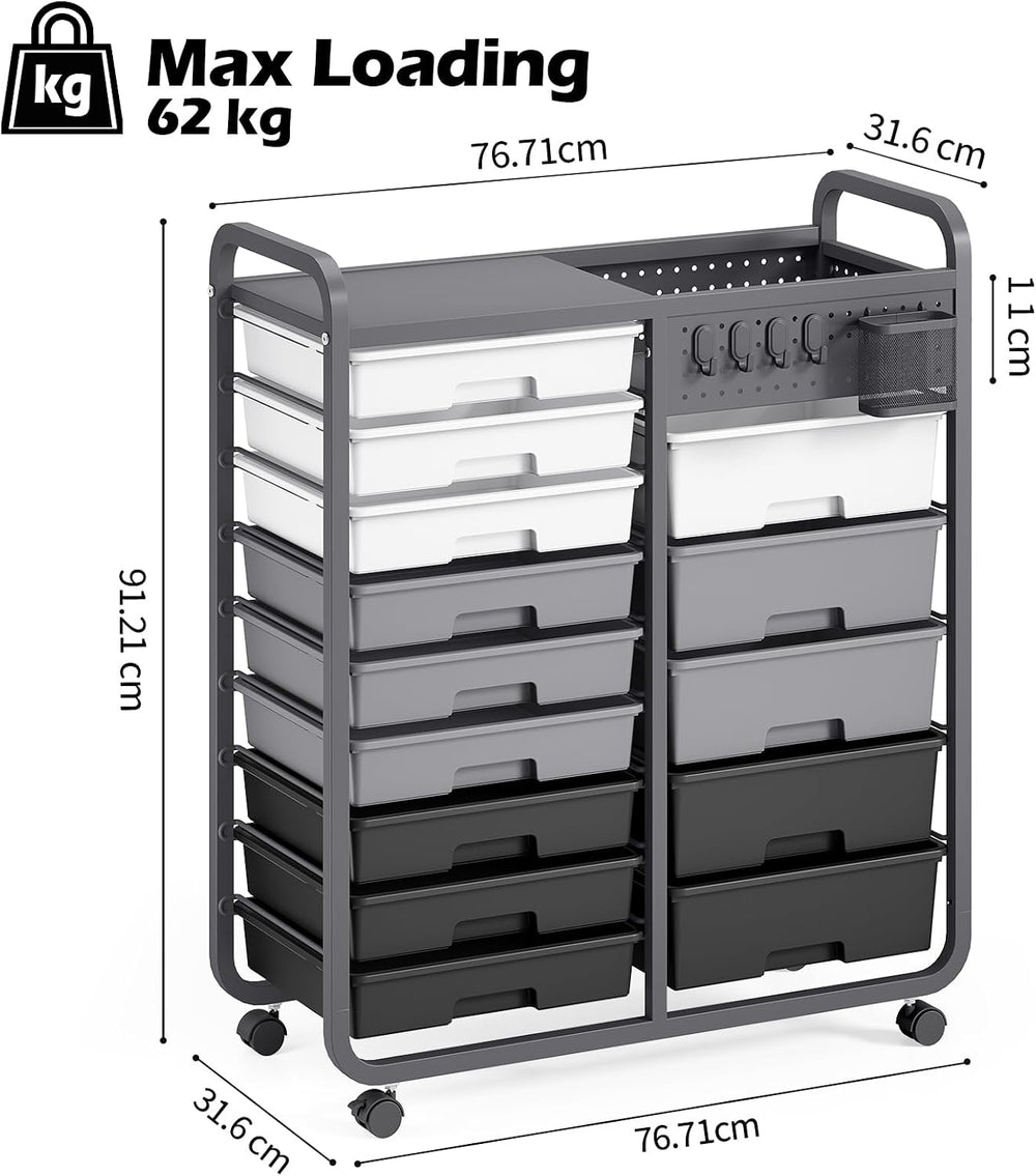 14-Drawer Craft Organiser Trolley Cart with Pegboard
