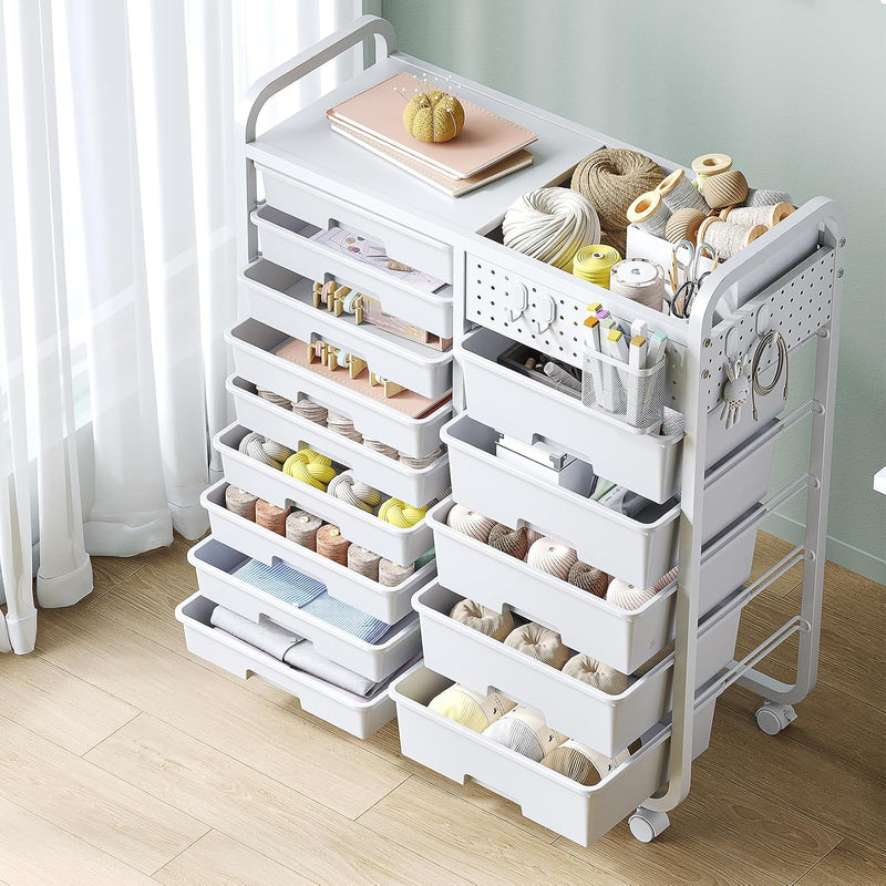 14-Drawer Craft Organiser Trolley Cart with Pegboard