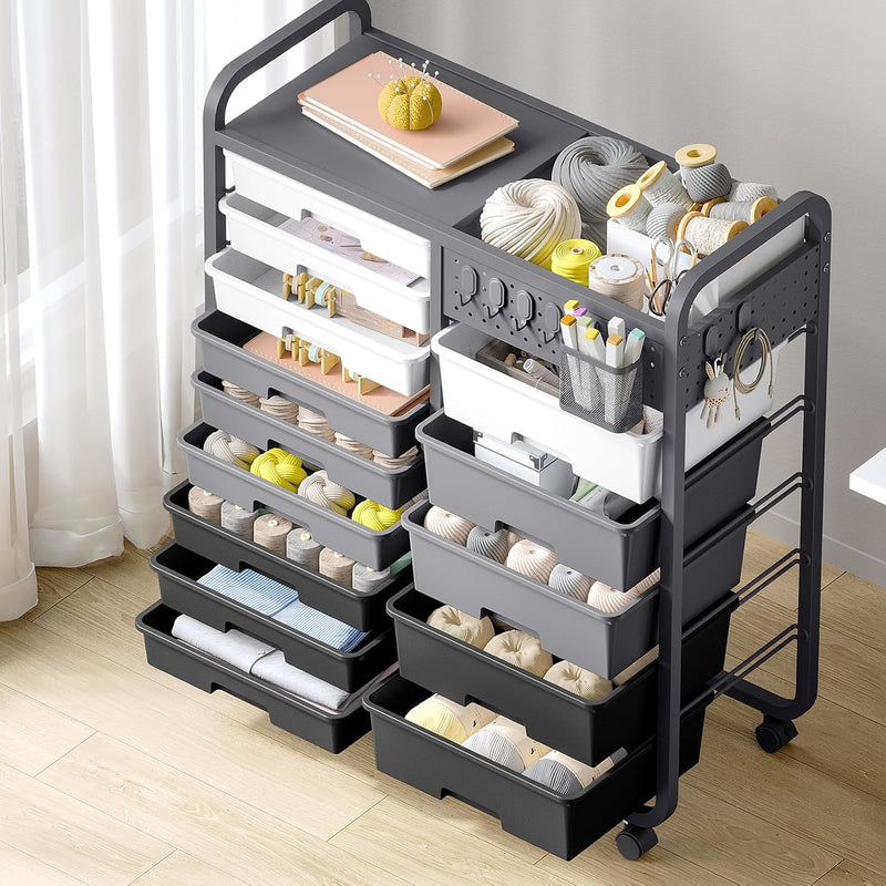 14-Drawer Craft Organiser Trolley Cart with Pegboard