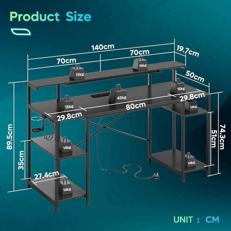 140CM Computer Desk with Power Outlets LED