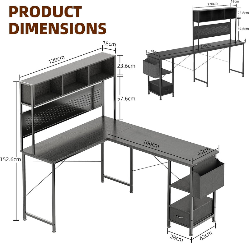 148x120CM L-Shaped Corner Gaming Desk Reversible Computer