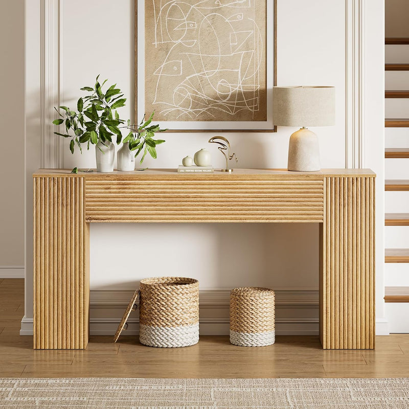 155CM Wood Fluted Narrow Console Table with Storage