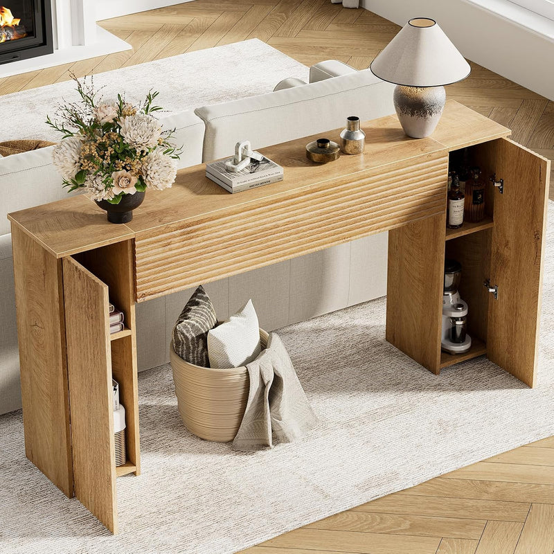 155CM Wood Fluted Narrow Console Table with Storage