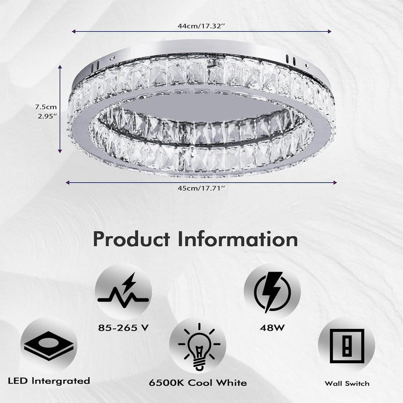 17.7in Crystal Flush Mount Ceiling Light 48W 6000K
