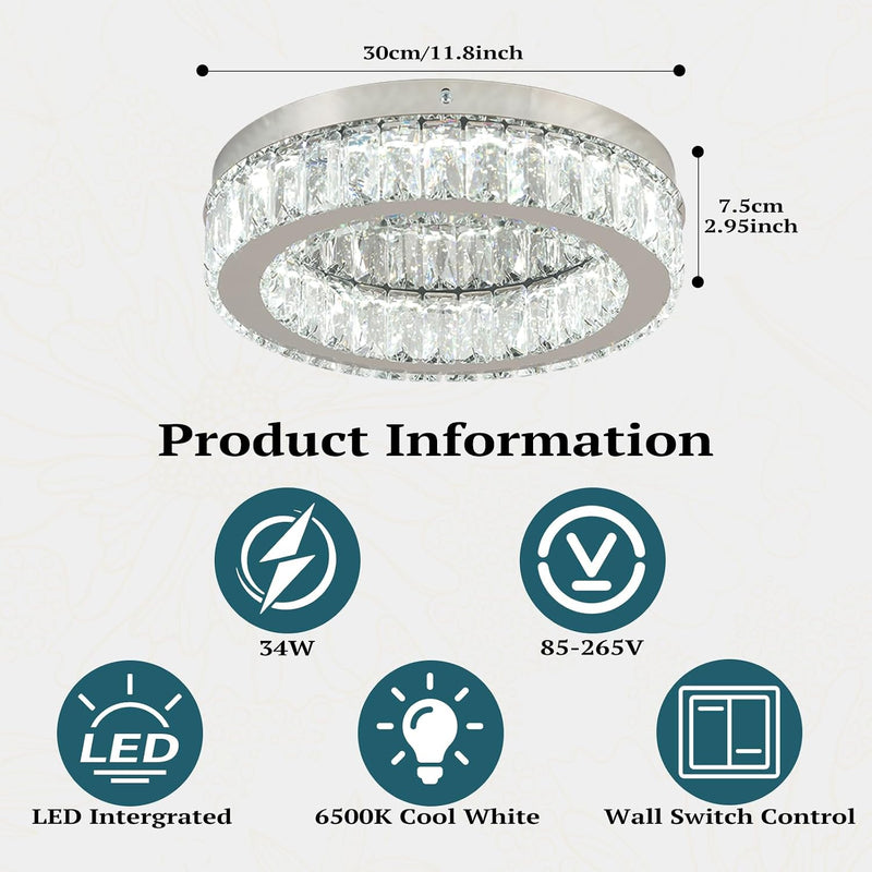 17.7in Crystal Flush Mount Ceiling Light 48W 6000K