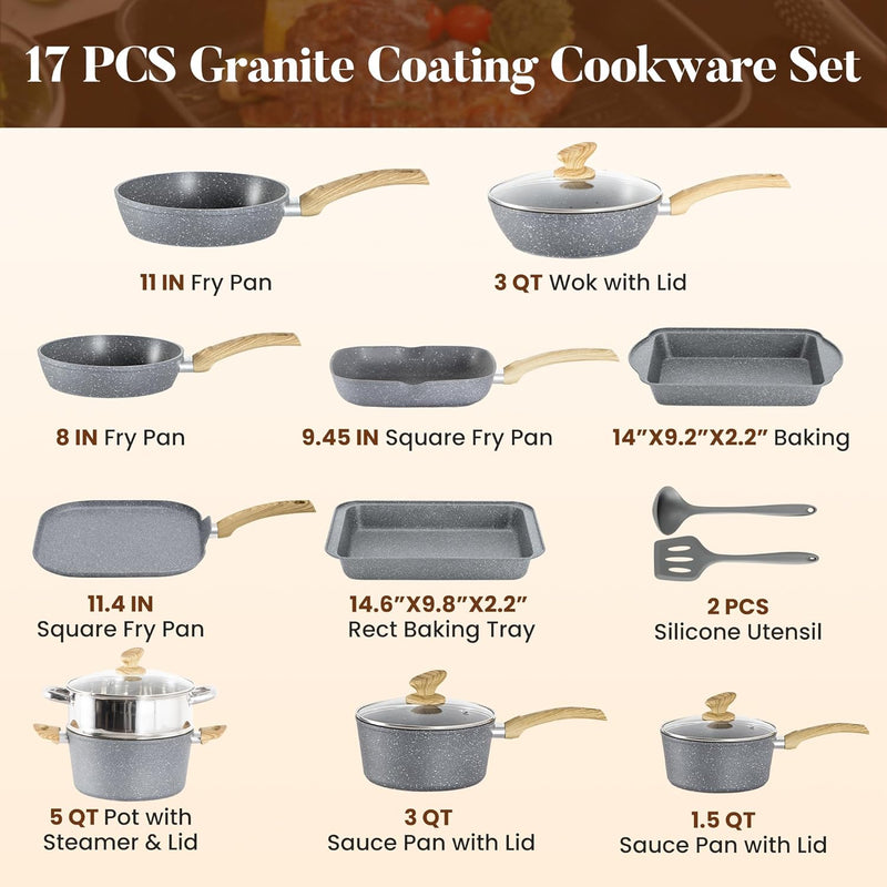 17pcs Induction Hob Pan Set Granite Cookware Sets