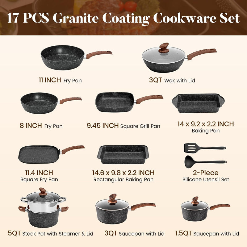 17pcs Induction Hob Pan Set Granite Cookware Sets