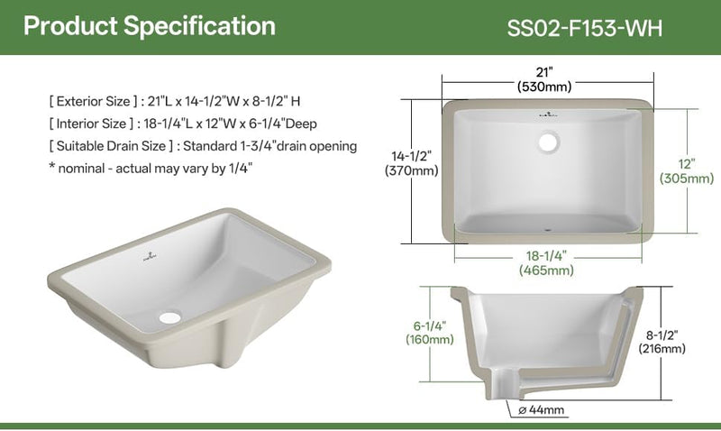 18-Inch Rectangle Undermount Bathroom Sink Porcelain Ceramic