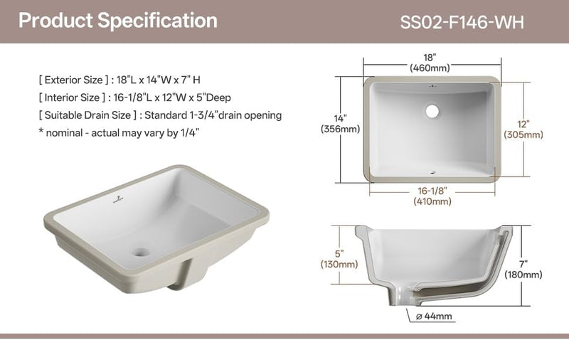 18-Inch Rectangle Undermount Bathroom Sink Porcelain Ceramic