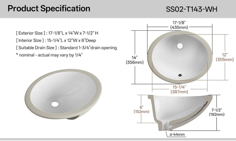 18-Inch Rectangle Undermount Bathroom Sink Porcelain Ceramic
