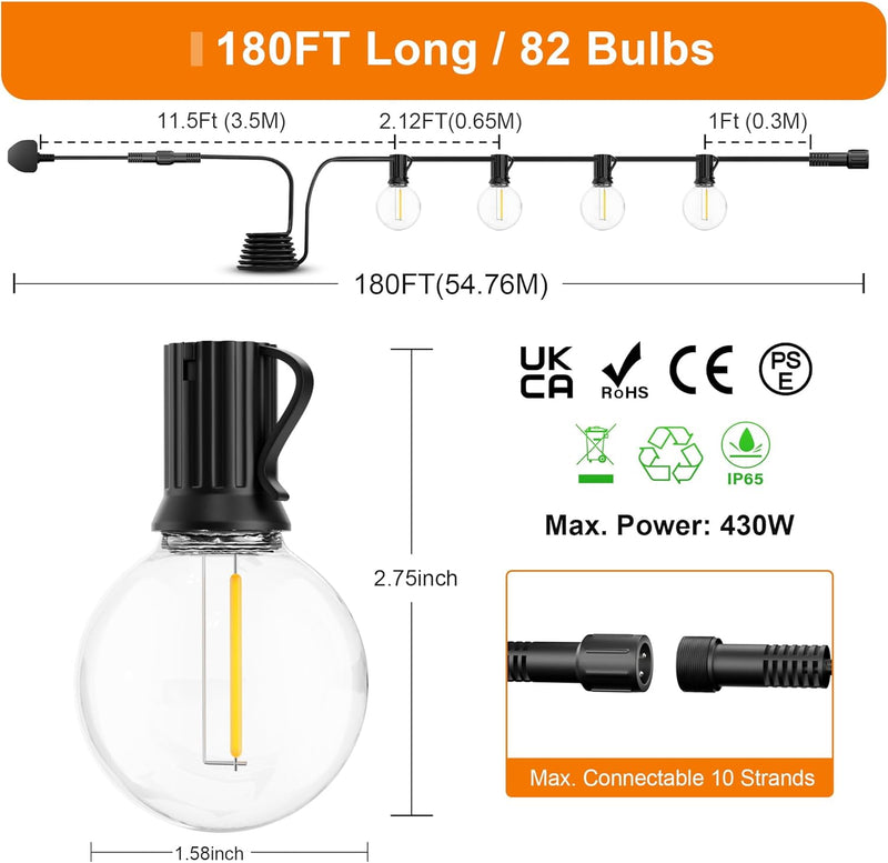 180FT 54m Outdoor Festoon Lights LED String Garden