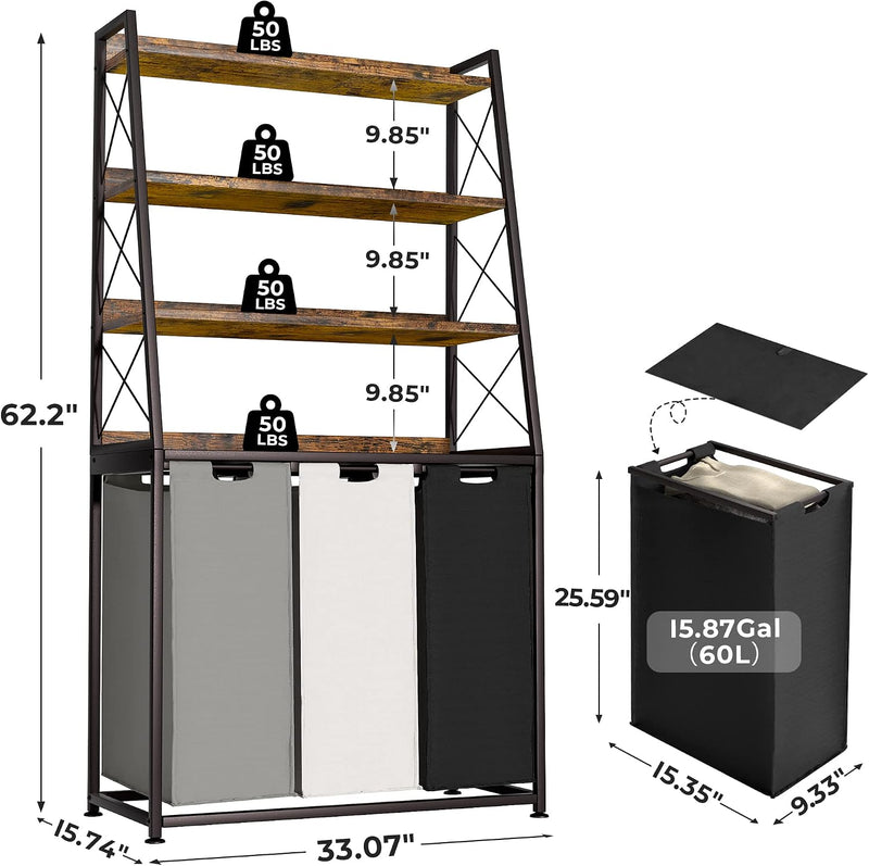 180L Laundry Basket 3 Compartments Hamper with 4