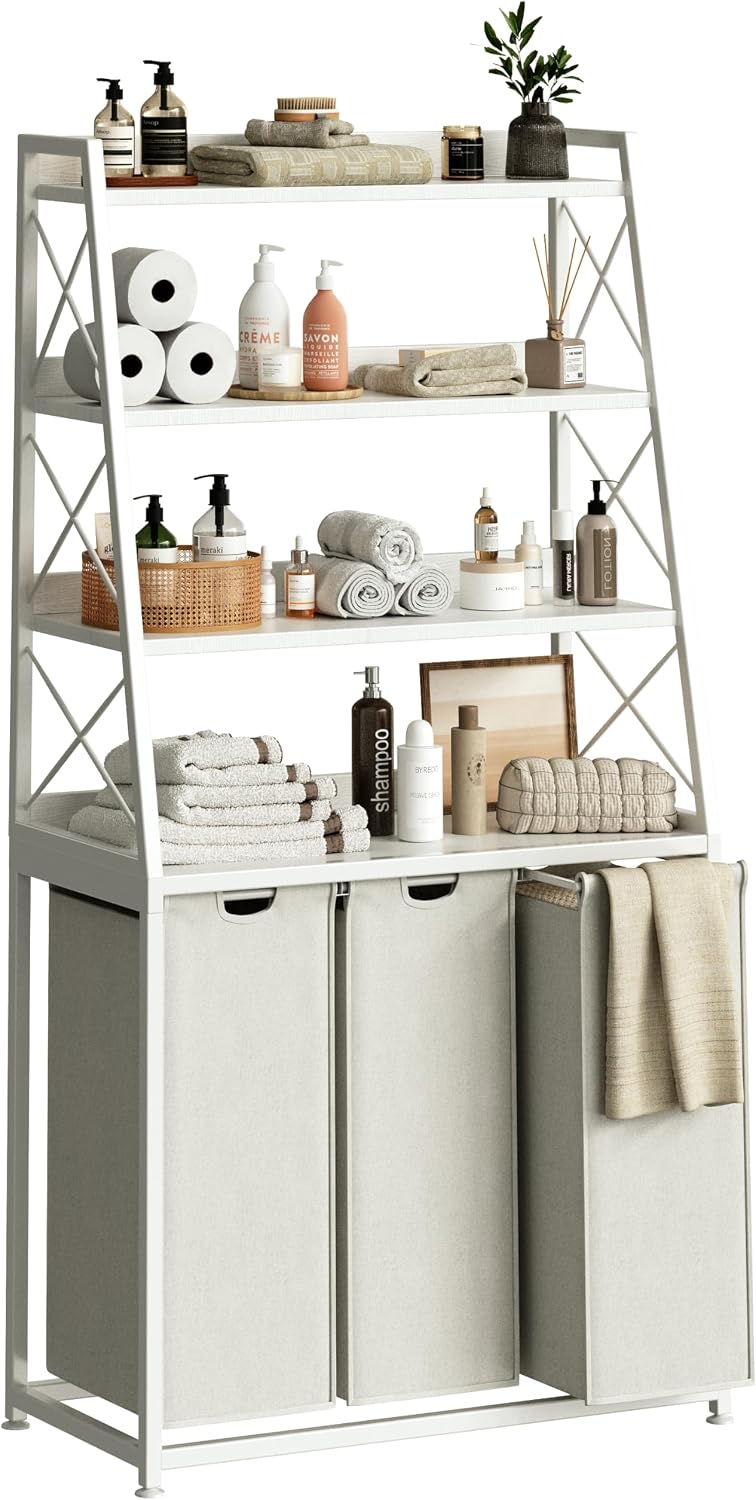180L Laundry Basket 3 Compartments Hamper with 4