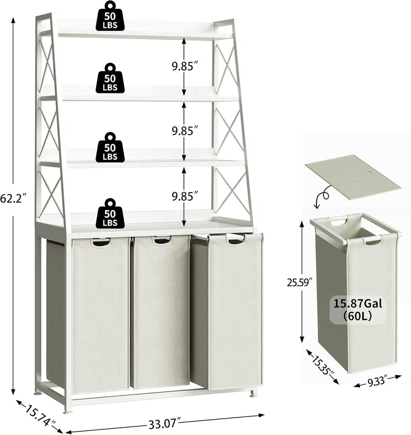 180L Laundry Basket 3 Compartments Hamper with 4