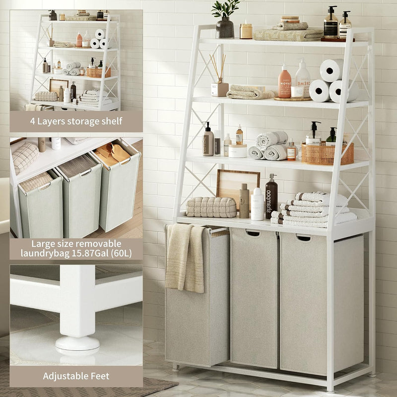 180L Laundry Basket 3 Compartments Hamper with 4