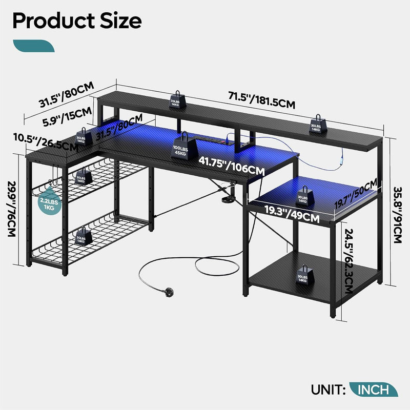 181CM L-Shaped Gaming Desk with RGB LED Lights