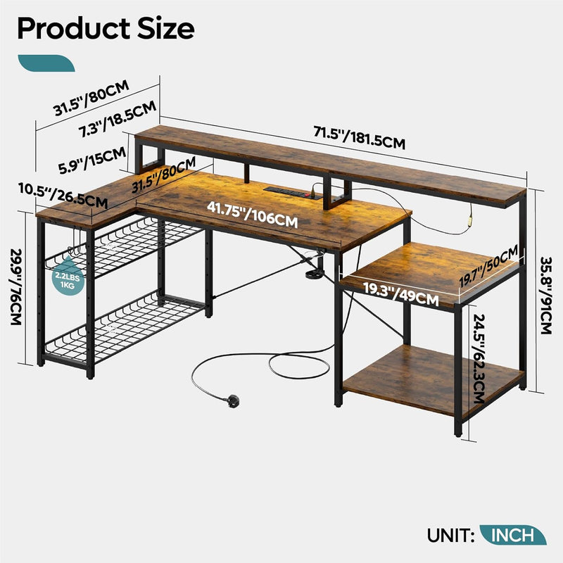 181CM L-Shaped Gaming Desk with RGB LED Lights