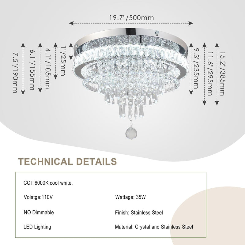 19.7" Crystal Flush Mount Chandelier Ceiling Light Cool