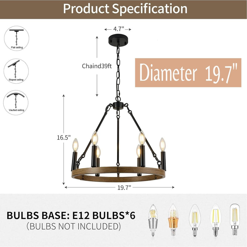 19.7" Farmhouse Chandelier 6 Lights Wagon Wheel