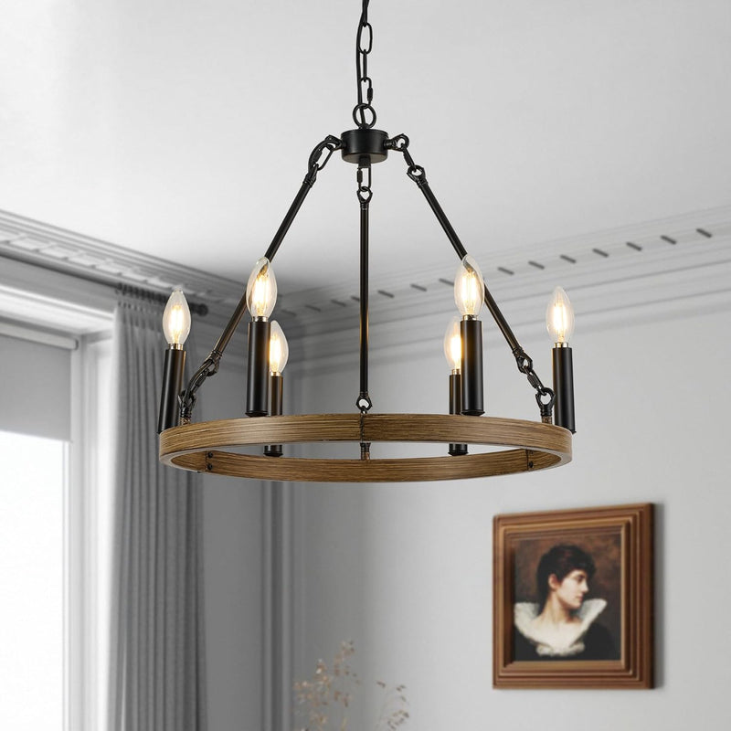 19.7" Farmhouse Chandelier 6 Lights Wagon Wheel
