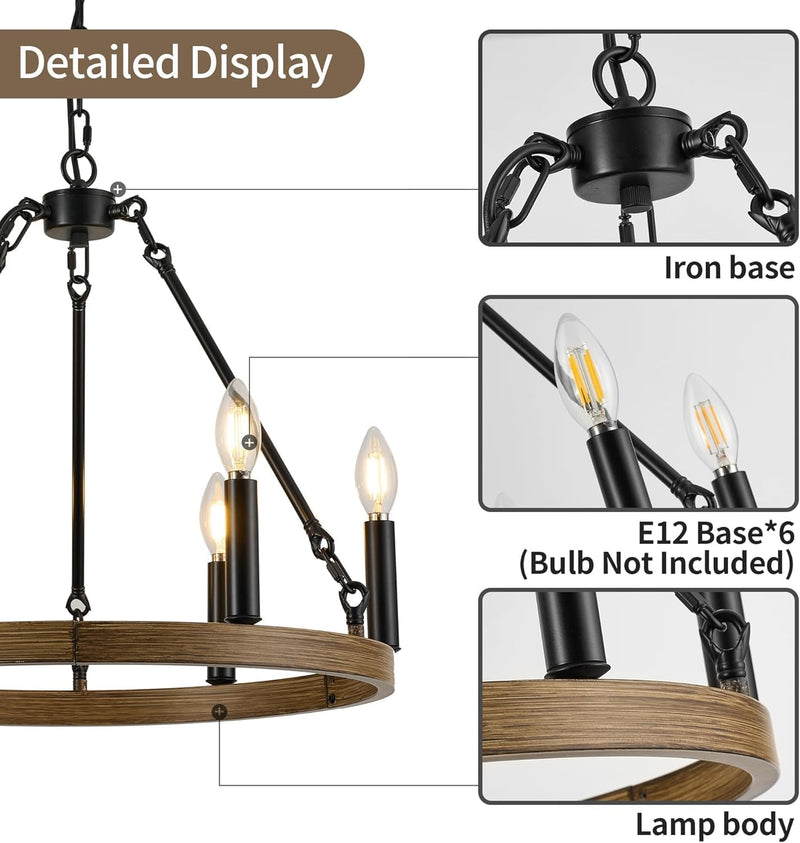 19.7" Farmhouse Chandelier 6 Lights Wagon Wheel