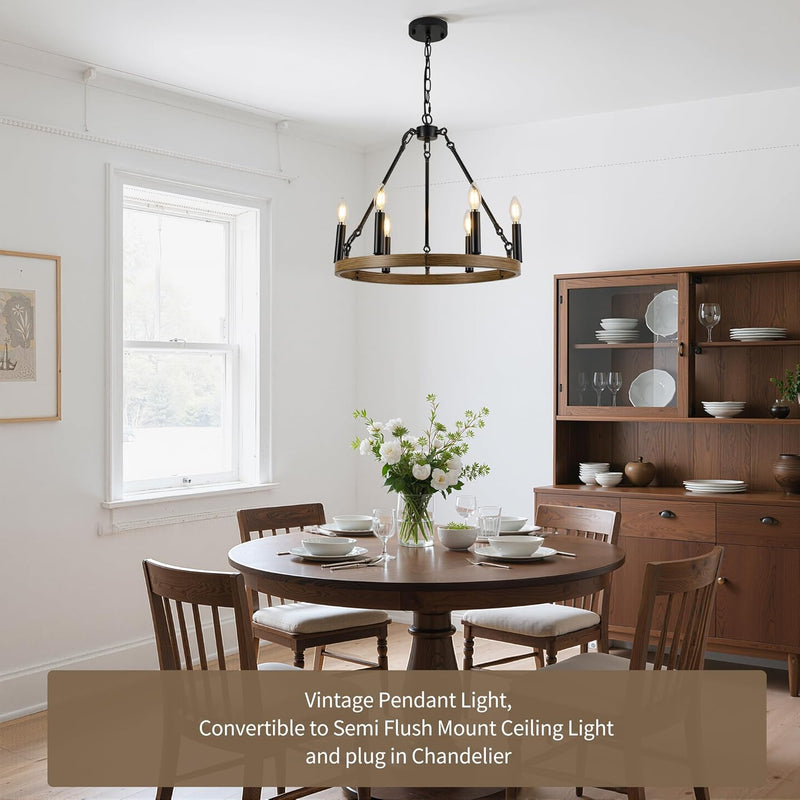 19.7" Farmhouse Chandelier 6 Lights Wagon Wheel