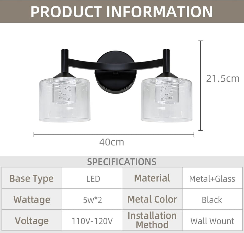 2-Light Wall Sconces Vanity Light with Clear Glass