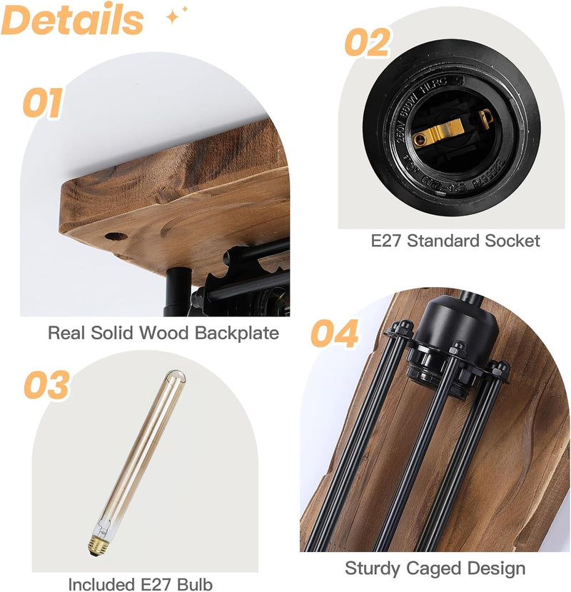 2-Pack Wooden Wall Lights for Living Room Lamps