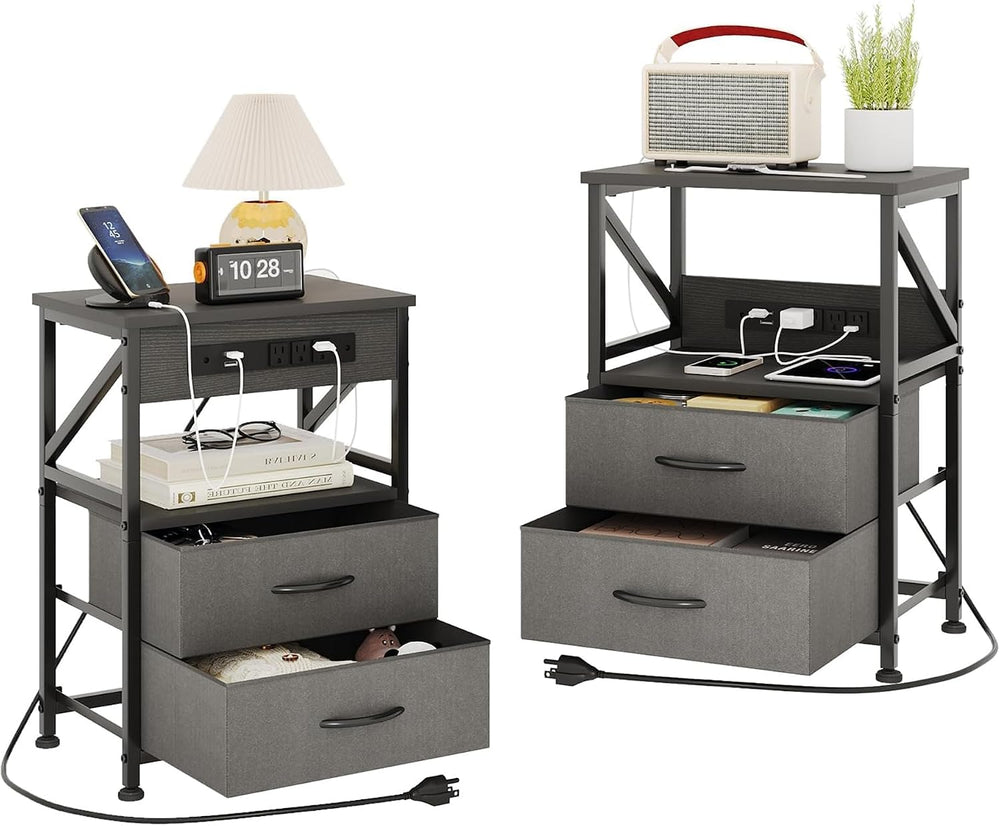2 Pcs Bedside Table with Power Strip Cabinet