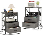 2 Pcs Bedside Table with Power Strip Cabinet