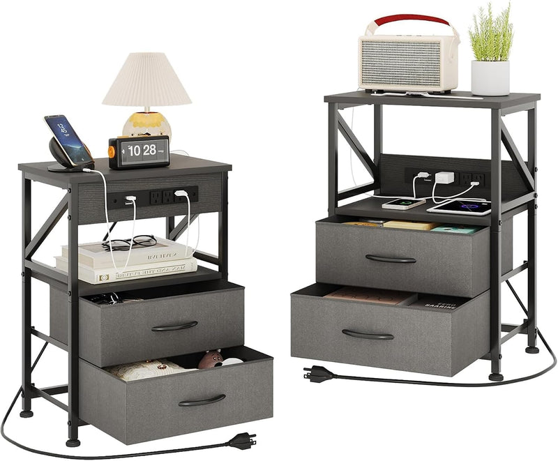 2 Pcs Bedside Table with Power Strip Cabinet