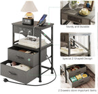 2 Pcs Bedside Table with Power Strip Cabinet