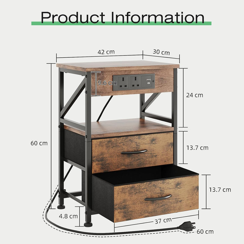 2 Pcs Bedside Table with Power Strip Cabinet