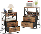 2 Pcs Bedside Table with Power Strip Cabinet