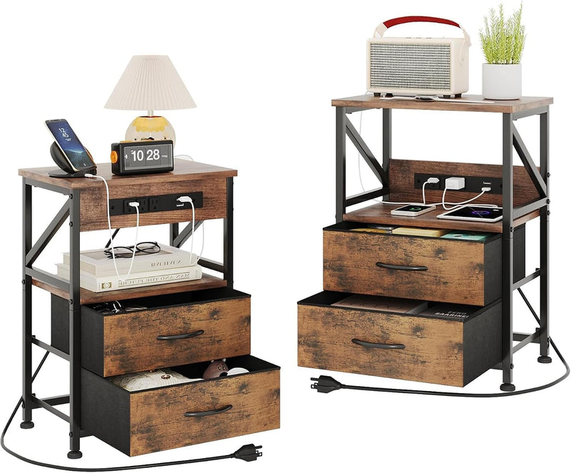 2 Pcs Bedside Table with Power Strip Cabinet